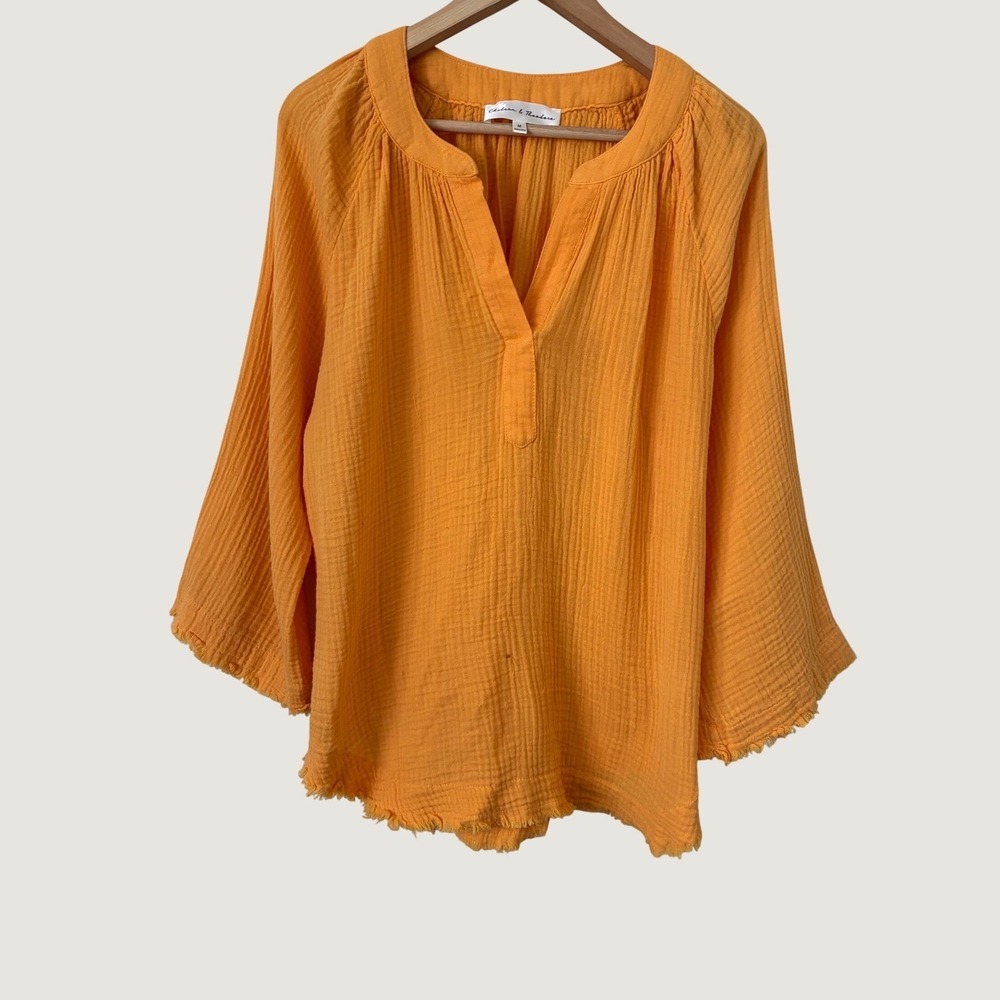 Chelsea & Theodore Orange Cotton Gauze Blouse Raw Hem Split‎ Neck Top Medium